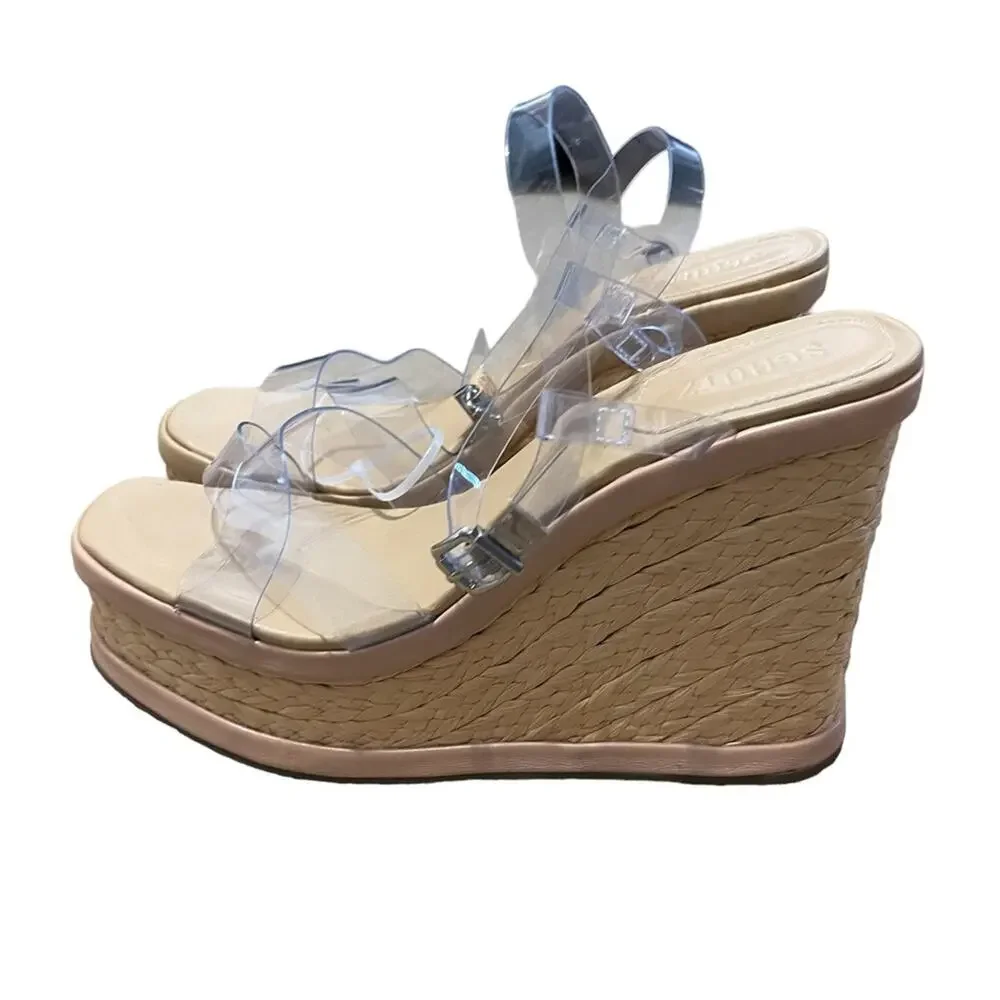 Schutz Caryne Beige Wedge Platform Heel Sandal Size 10.5 New